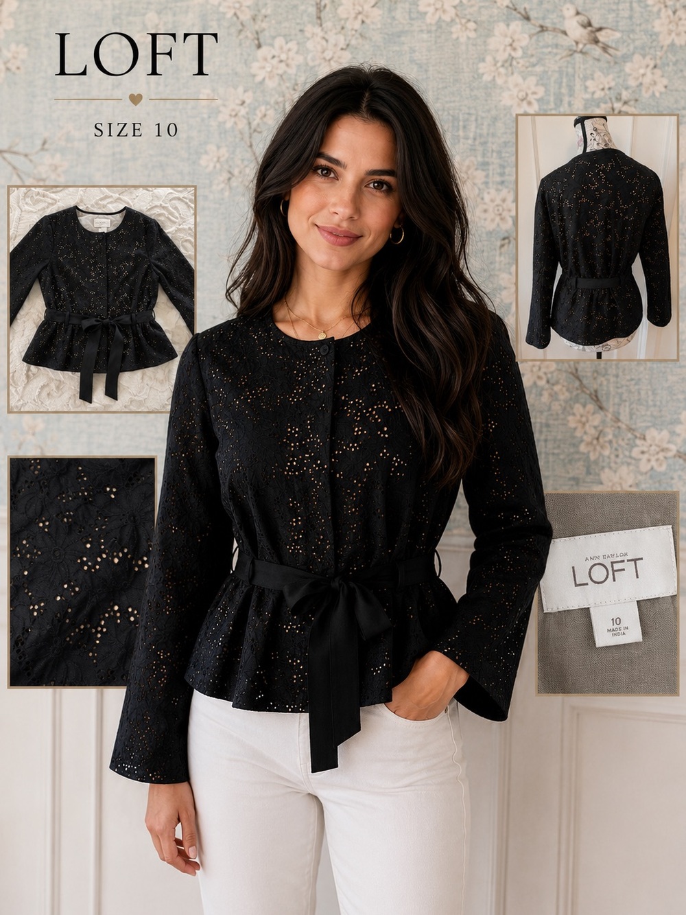 LOFT Eyelet Peplum Jacket Black Tie Waist Cotton Size 10 - Picture 2 of 14